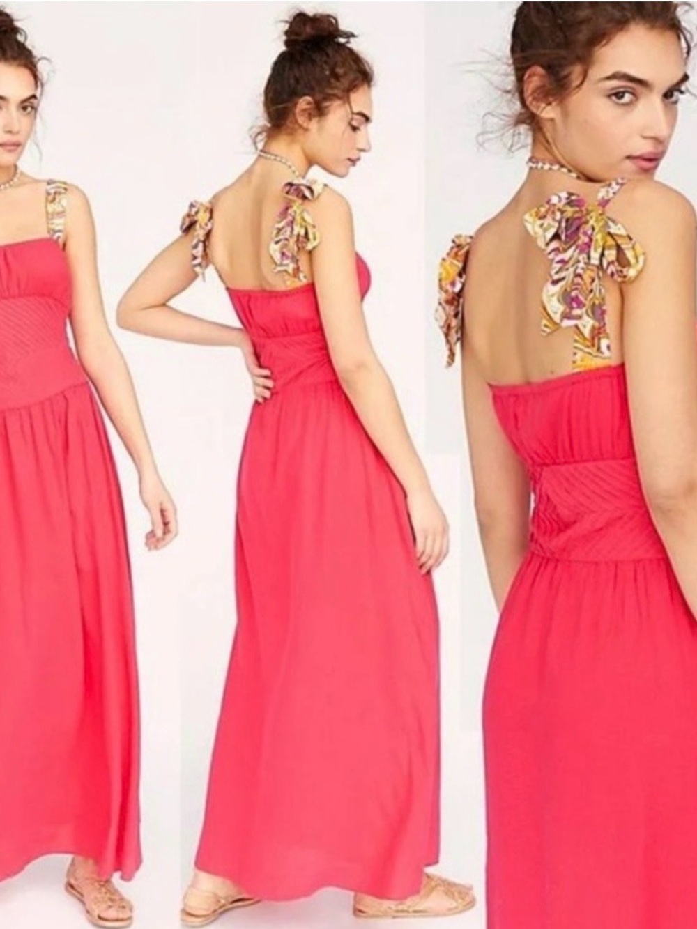 Free People Hot Hibiscus Maxi Dress NWT Floral Tie Straps Pink Smocked Bodice